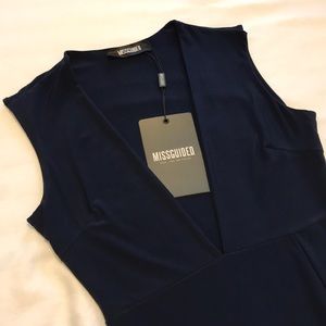 Navy Deep V Fitted Midi Dress